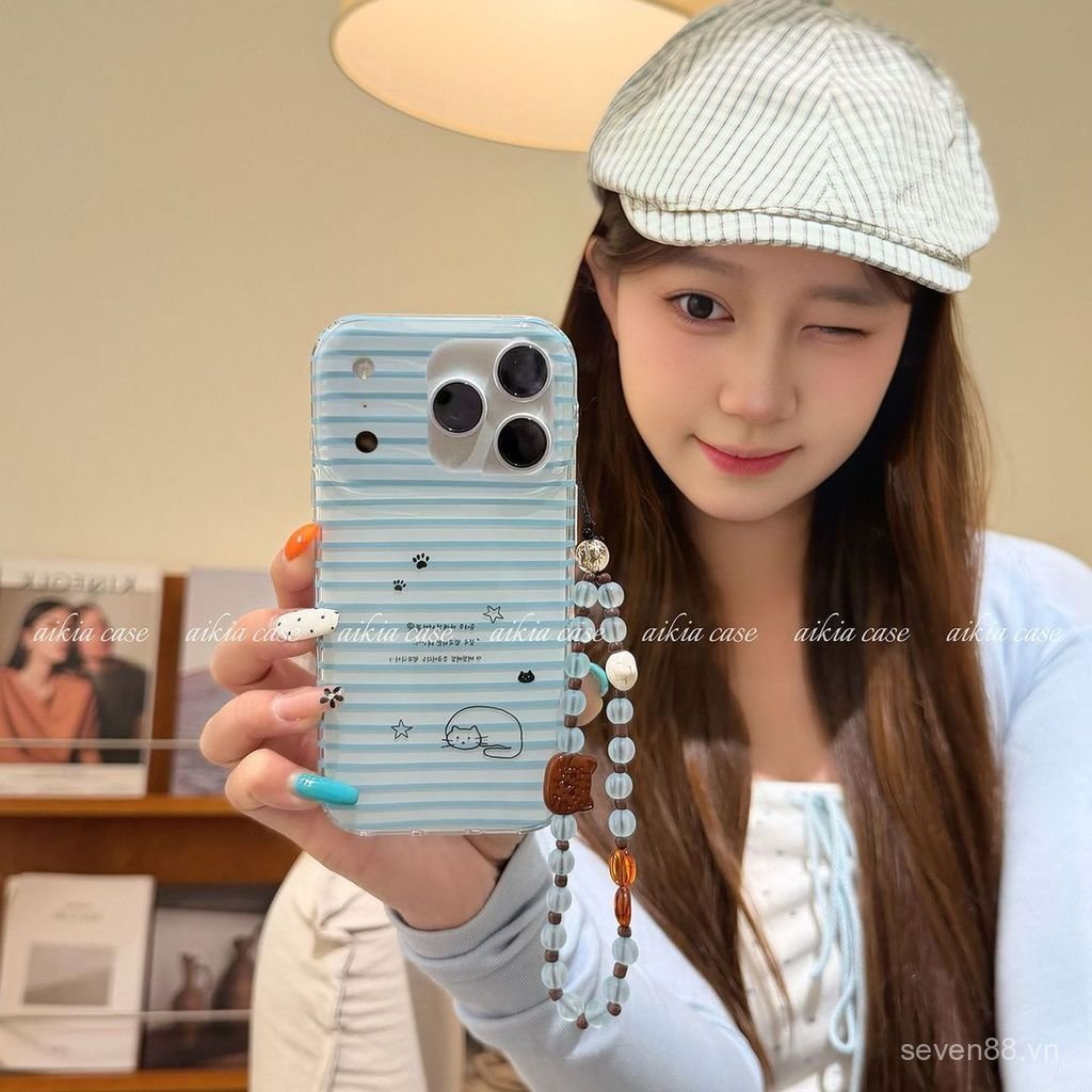 Ốp Điện Thoại Thích Hợp Cho iPhone XS XR 11 12mini 13 14 15 16 17 Pro max Plus Air Hàn Quốc Sọc Xanh Dây Xích Mèo Chống Sốc Vỏ Bảo Vệ Chống Sốc Bao Gồm Tất Cả FDPI