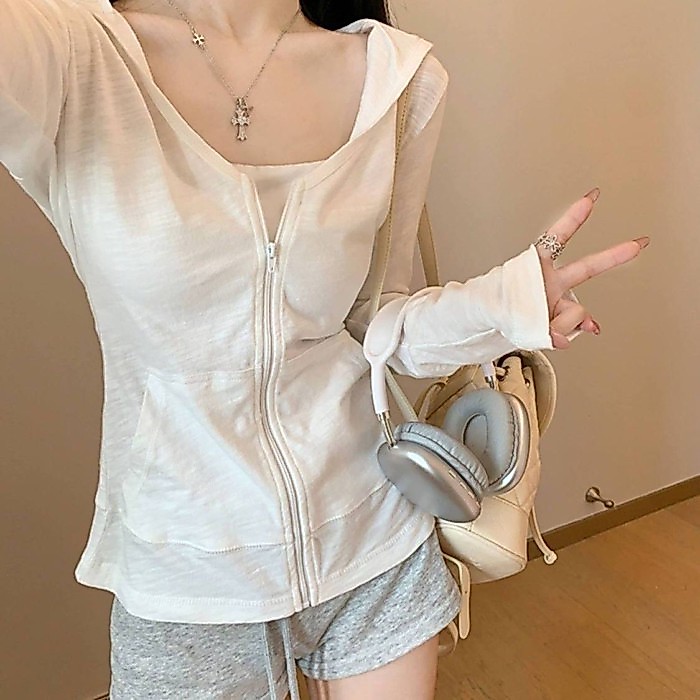 Quần áo dài tay có mũ trùm đầu có khóa kéo phong cách đại học Hàn Quốc cho nữ, áo khoác cardigan đa