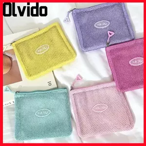Túi đựng trang điểm OLVIDO, Dụng cụ sắp xếp mỹ phẩm có dây kéo lưới, Màu kẹo di động Nhẹ Dung tích lớn Ví đựng tiền xu nữ du lịch