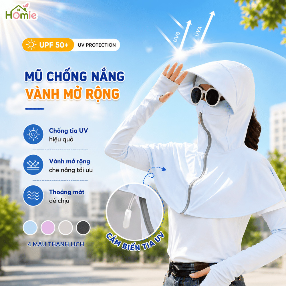 Mũ Chống Nắng Nữ Kèm Khẩu Trang Che Mặt Toàn Diện HOMIE, Áo Choàng Chống UV, Vải Mát Lạnh Thoáng Khí