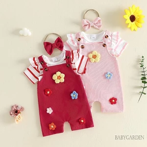 Trẻ Sơ Sinh Bé Gái Bộ Ruffle Tay Ngắn Cổ Tròn Sọc Romper Corduroy Quần Tổng Thể Và Nơ Băng Đô