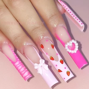 24 Chiếc Trái Tim Hồng Dài Quan Tài Bấm Vào Móng Tay Phong Cách Pháp Keo Trên Móng Tay Giả Cho Bữa Tiệc