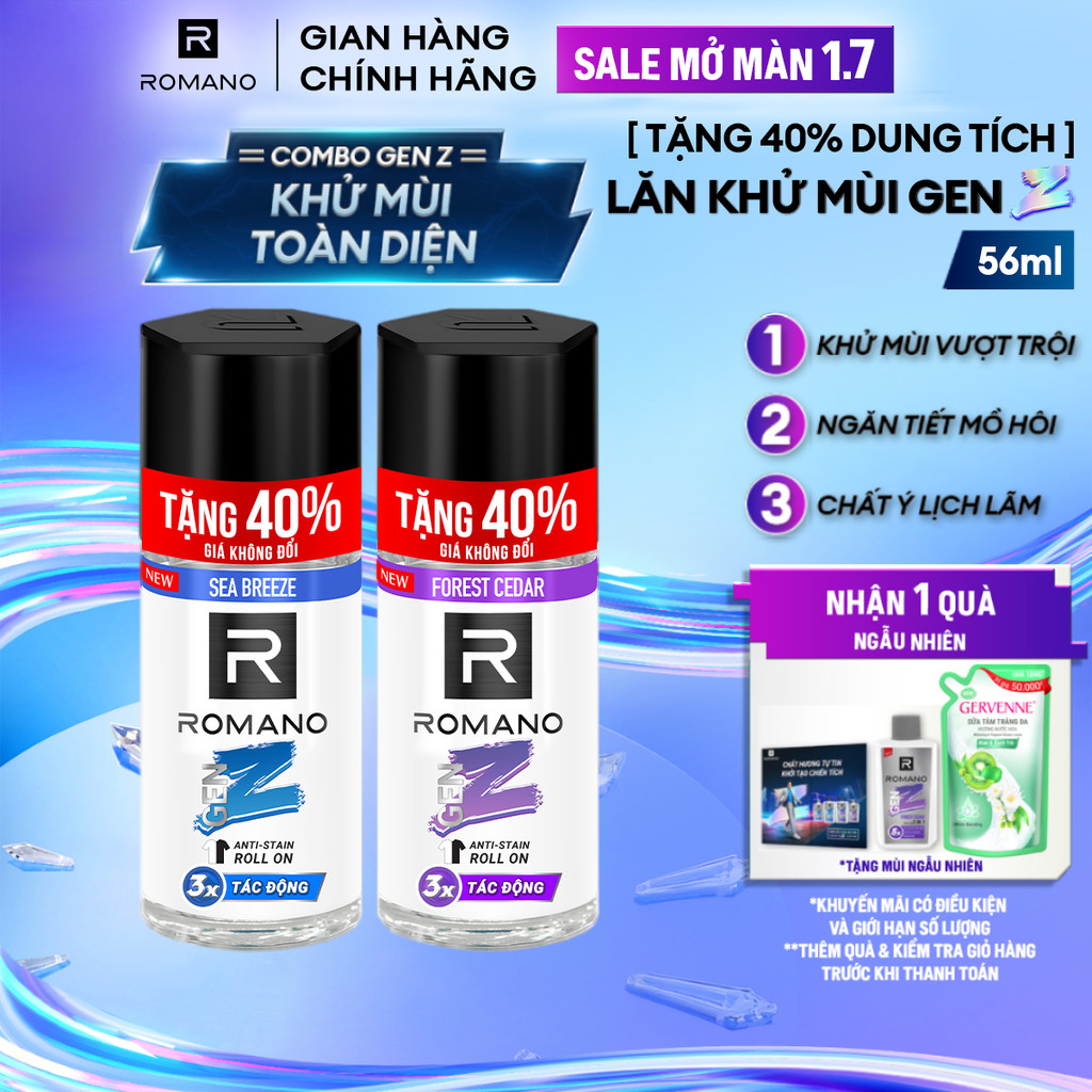 Lăn khử mùi Romano Gen Z Khử mùi vượt trội - Ngăn vệt ố vàng 40ml