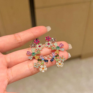 Bông Tai Kẹp Kim Cương Giả Nhiều Màu Sắc, Thiết Kế Hoa Tinh Tế, Phong Cách Sang Trọng Thanh Lịch