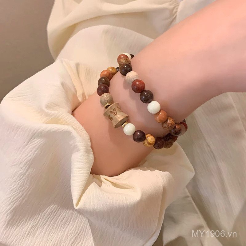 Vòng tay gỗ nhiều hạt thơm, phong cách mới và dân tộc với cườm đính kết đẹp mắt