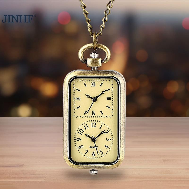 JINHF Đồng Hồ Tinh Tế Đồng Móc Khóa Đồng Hồ Bỏ Túi Vuông Retro Phong Trào Đôi Thời Gian Đồng Hồ Thạch Anh Không Có Nắp Cổ Phong Cách Mặt Dây Chuyền HOT