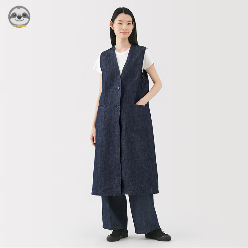 Áo vest denim cổ chữ V phong cách Nhật Bản Muji - Áo cardigan không tay