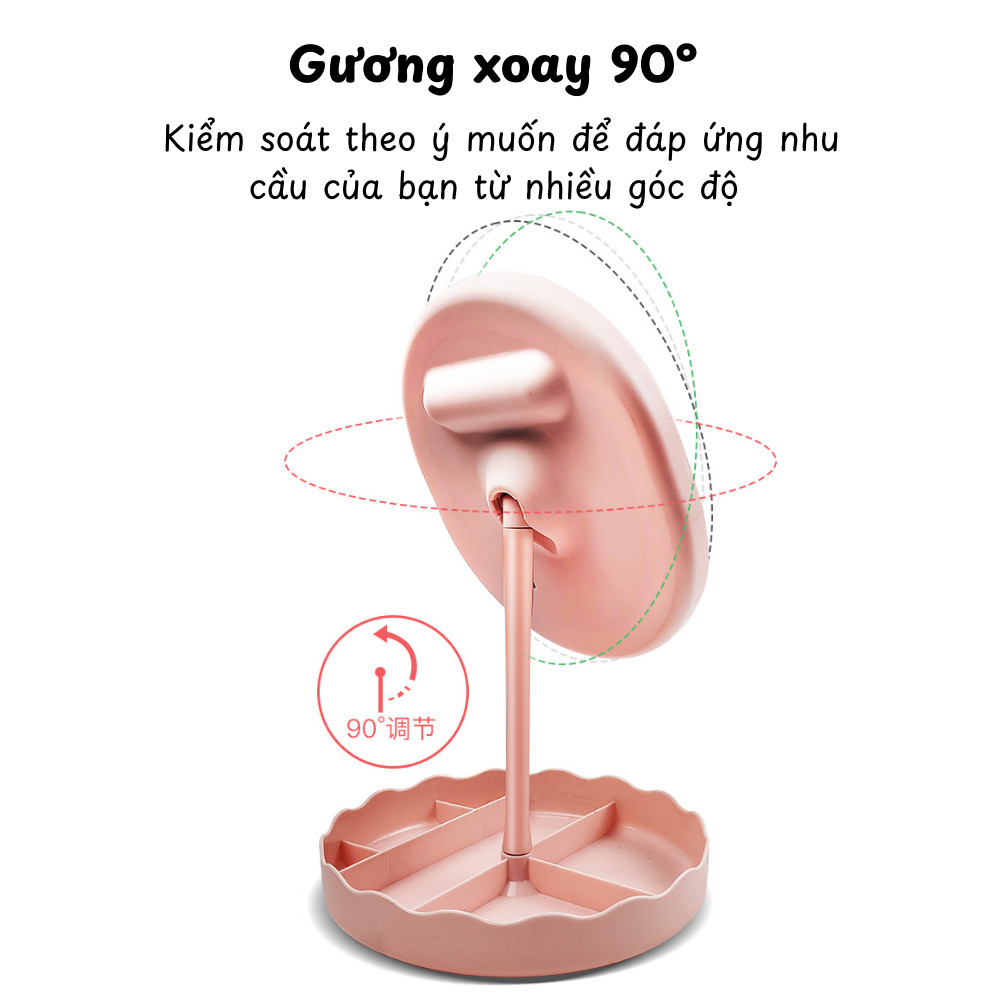 Gương Trang Điểm Để Bàn Có Đèn LED Xoay 360° Kèm Khay Đựng Đa Năng – Gương Makeup Siêu Sáng
