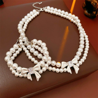 Zircon, nơ vòng tay ngọc trai, mặt dây chuyền sáng bóng - Bộ phụ kiện cao cấp sang trọng