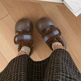 XIXITIAO Giày Cotton Nữ Mùa Đông Retro Màu Sắc Tương Phản Kẻ Sọc Bên Ngoài Mặc Velcro Đế Dày Giữ Ấm
