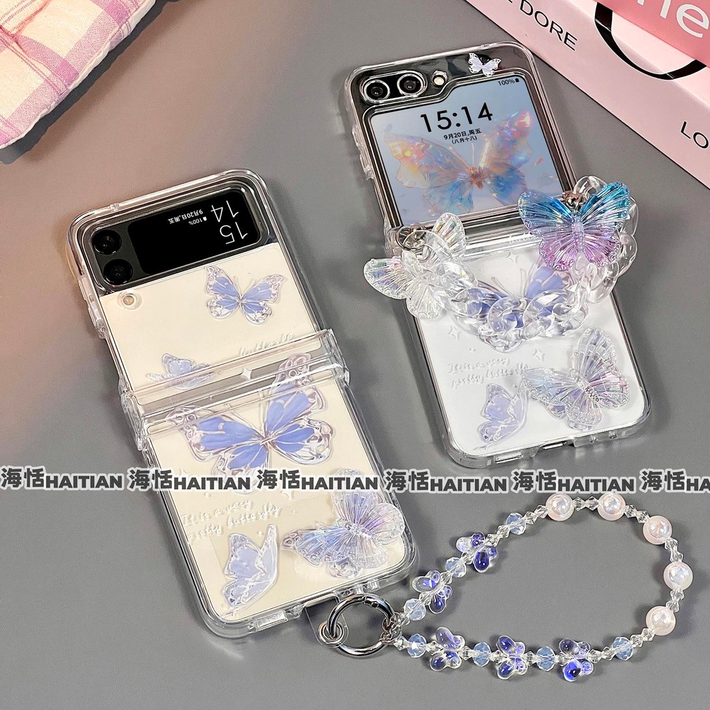 Ốp Điện Thoại Thích Hợp Cho Samsung Galaxy ZFlip7 Vòng Tay Bướm Xanh 3D Trong Suốt Cho ZFlip 7 6 5 4 3 5G Dây Có Thể Gập Lại Vỏ Bảo Vệ Cứng
