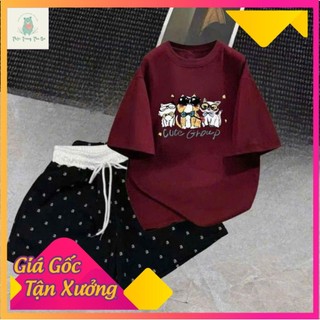 sét bộ quần ĐÙI cộc CHỮ A cạp chun màu trắng +mix áo phông -chữ G R O U P in ở giữa áo -
