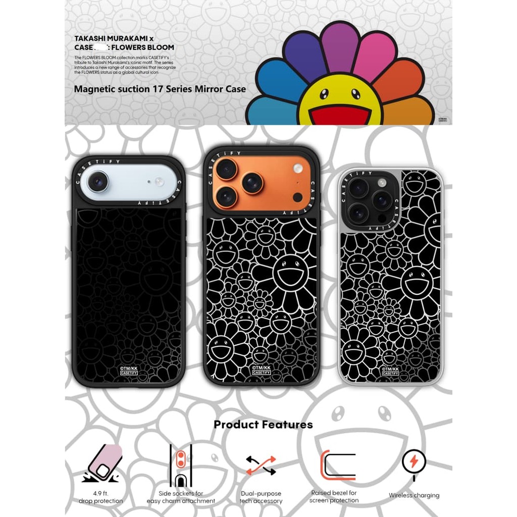 TAKASHI MURAKAMI x CASECASE: FLOWERS BLOOM MULTI-FLOWERS (RAINDOW) Ốp điện thoại iPhone hút từ tính cho iPhone 17 Air 16 15 14 13 12 Pro Max Plus logo khắc