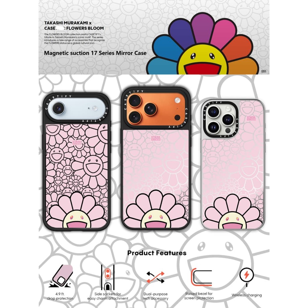 TAKASHI MURAKAMI x CASECASE: FLOWERS BLOOM SMILE (HỒNG) Gương đen & bạc Vỏ iPhone hút từ tính cho iPhone 17 Air 16 15 14 13 12 Pro Max Plus logo khắc