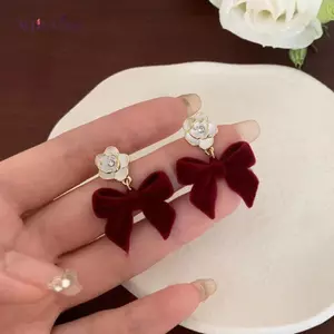 AqToCna Màu Đỏ Floo Vải Nơ Bông Tai Tính Khí Hoa Ngọt Ngào Dài Viền Bông Tai AqToCna