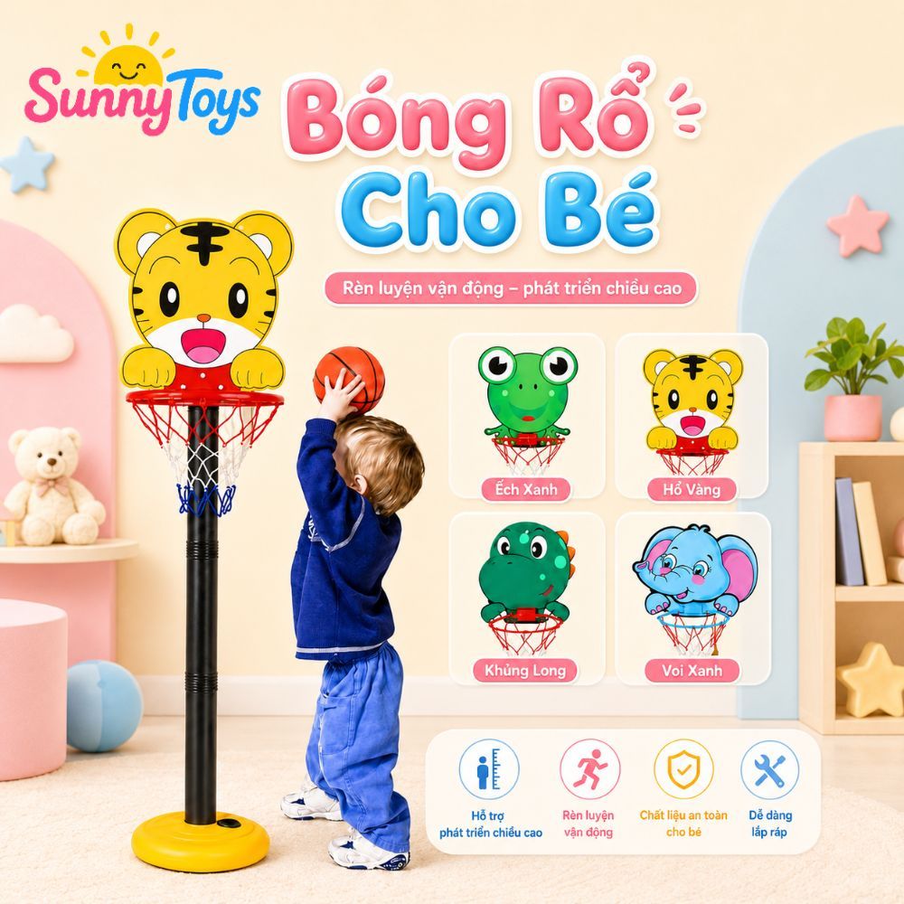 Đồ Chơi Bóng Rổ Mini SunnyToys Hình Ếch Xanh, Hổ Vàng - Kèm Bóng Và Bơm Cho Bé Tập Ném