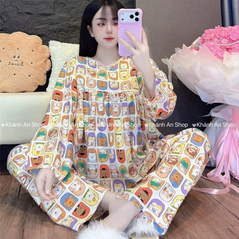 HÀNG CHUẨN Khánh An Shop Babydoll KA123 - Đồ Bộ Tole Lanh Nữ Mặc Nhà Áo Cổ Tròn Tay Dài Quần Dài Size M/L/XL E5