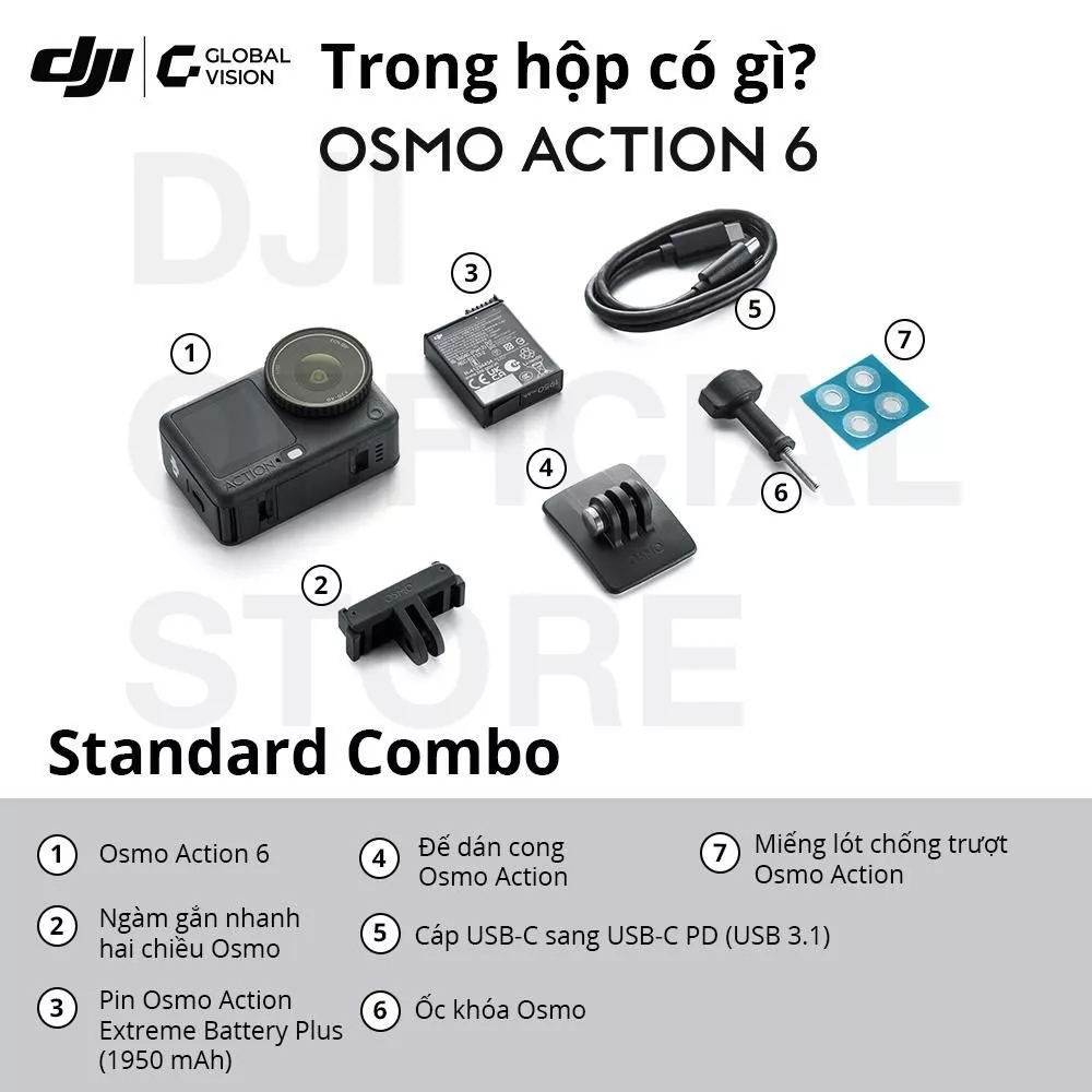 DJI Camera Hành Động Osmo Action 6 - Video 8K, Cảm Biến Vuông 1/1.1, Bộ Nhớ 50GB, Khẩu Độ Biến Thiên f/2.0 - f/4.0