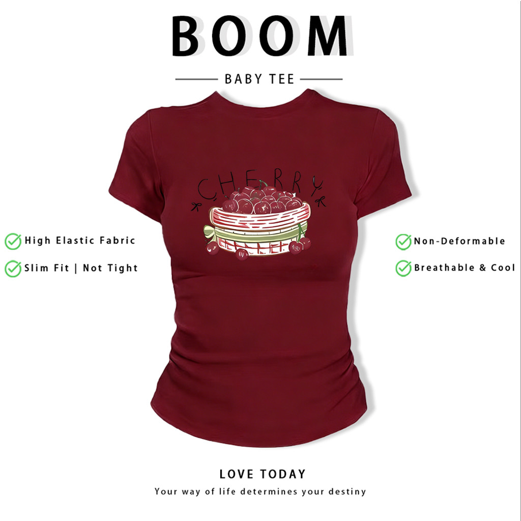 BOOM Áo Baby Tee Nữ Cotton Ôm Body-Áo Thun Ngắn Tay Y2K In Hình PhongCách Mùa Hè, Cổ Tròn Hàng Đầucách hàn quốc phong241
