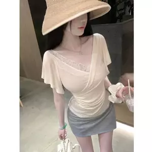 Phiên Bản Hàn Quốc Nhẹ Thiết Kế Sang Trọng Ren Khâu Chữ v Cổ Hẹp Tay Ngắn Nữ Mùa Hè 2026 Phong Cách Mới Slim @