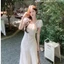 Váy dài thanh lịch màu mơ có họa tiết jacquard và tay ngắn cho thời gian uống trà