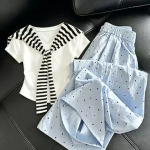 Áo thun ngắn tay cổ chữ v mùa hè + Quần dài rộng có dây chấm bi thông thường hai-