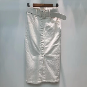 Mùa hè 2026 Váy Denim co giãn phong cách mới dành cho nữ eo cao có thắt lưng xẻ đơn nửa chiều dài @ -