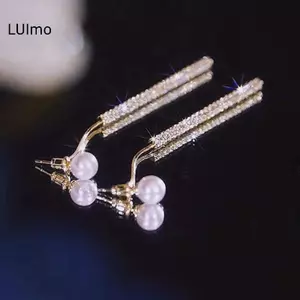 LUImo Mới Hàn Quốc Dài sel Ngọc Trai Tòn Ten Bông Tai Nữ Sang Trọng Full Kim Cương Giả Màu Vàng Thả Bông Tai Tiệc Cưới Trang Sức Quà Tặng SBS