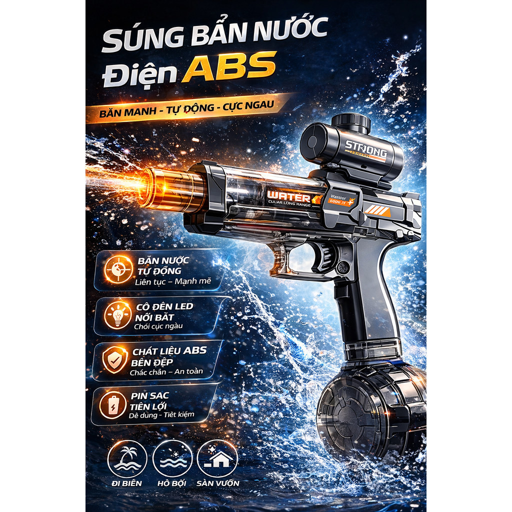 COD Súng nước điện tự động 2026 có đèn LED, tầm bắn 8m, bình chứa 500ml kèm kính ngắm đồ chơi hè cho trẻ em