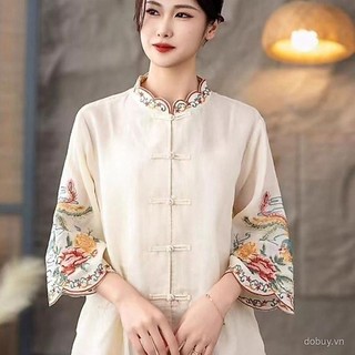 Mùa Hè 2025 Nữ Thêu Phong Cách Trung Hoa Áo Sơ Mi Lá Sen Đứng Cổ Hoa Thêu Ngược Mở Đầu Dân Tộc Retro Vải Lanh Cotton Áo