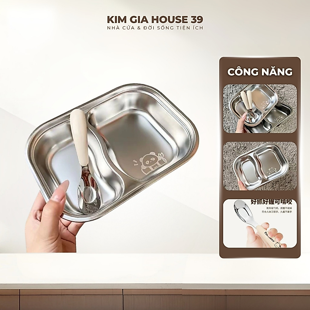 Khay Ăn Dặm Inox 304 2 Ngăn Cho Bé Kèm Thìa Hình Thú Dễ Thương Cách Nhiệt Giữ Ấm An Toàn Cho Trẻ