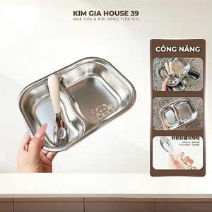Khay Ăn Dặm Inox 304 2 Ngăn Cho Bé Kèm Thìa Hình Thú Dễ Thương Cách Nhiệt Giữ Ấm An Toàn Cho Trẻ