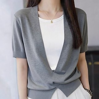 F Giả Hai Mảnh Đơn Giản Đi Lại Dệt Kim Nữ Tay Ngắn Màu Xám Rời Cổ Chữ V Phong Cách Hàn Quốc T @