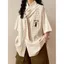 Mùa Hè Tay Ngắn Preppy Kẻ Sọc Mèo Dễ Thương Thêu Áo Sơ Mi Cổ Retro Top Rời Áo Sơ Mi