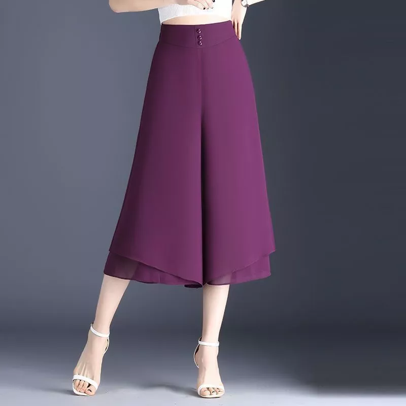 Quần Cắt Voan Quần Ống Rộng Nữ Mùa Hè 2023 Phong Cách Mới Culottes Cao Cấp Thẳng Drap Quần Cổ Culottes Drap Mỏng
