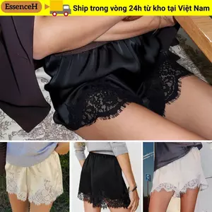 Quần short chắp vá ren ESSENCEH, Quần short ngủ mượt bằng lụa Satin, Quần short ren co giãn cổ điển Quần short nữ mềm mại dạo phố