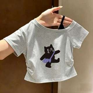 Áo thun bé gái in hình mèo dễ thương mùa hè - áo croptop lệch vai ôm dáng tôn eo thời trang