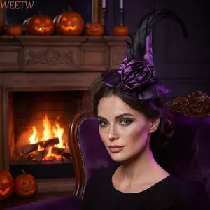 WEETW Retro Veil Mũ Phù Thủy, Cosplay Ảnh Đạo Cụ Gấp Halloween Mũ Phù Thủy, Thiết Kế Lông Vũ Di Động Satins Đen Mũ Phù Thủy Đảng