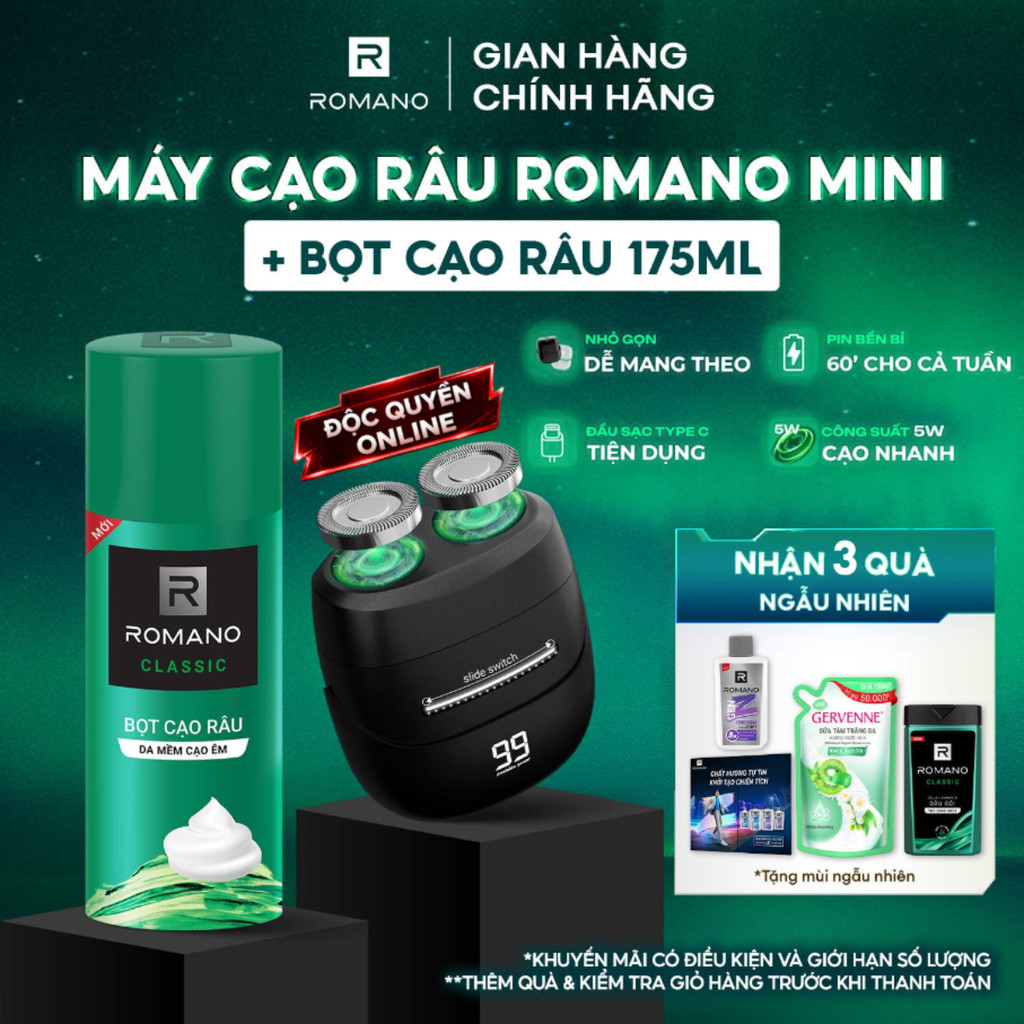 COMBO Máy Cạo Râu Mini Nam Cao Cấp Romano Và Bọt Cạo Râu 175ml / Tắm gội 2in1 650g / Xịt khử mùi GenZ 196ml