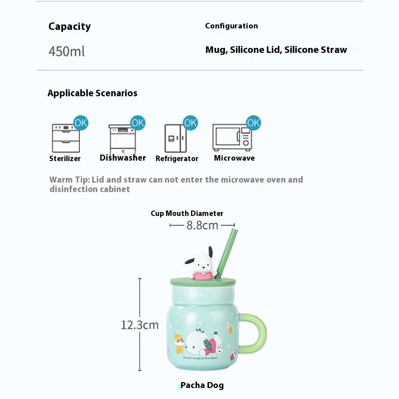 Kawaii Sanrio POCHACCO Cốc Gốm Văn Phòng Cốc Nước Có Ống Hút Dễ Thương Cốc Uống Có Nắp Anime Hoạt Hình Cô Gái Quà Tặng Sinh Nhật
