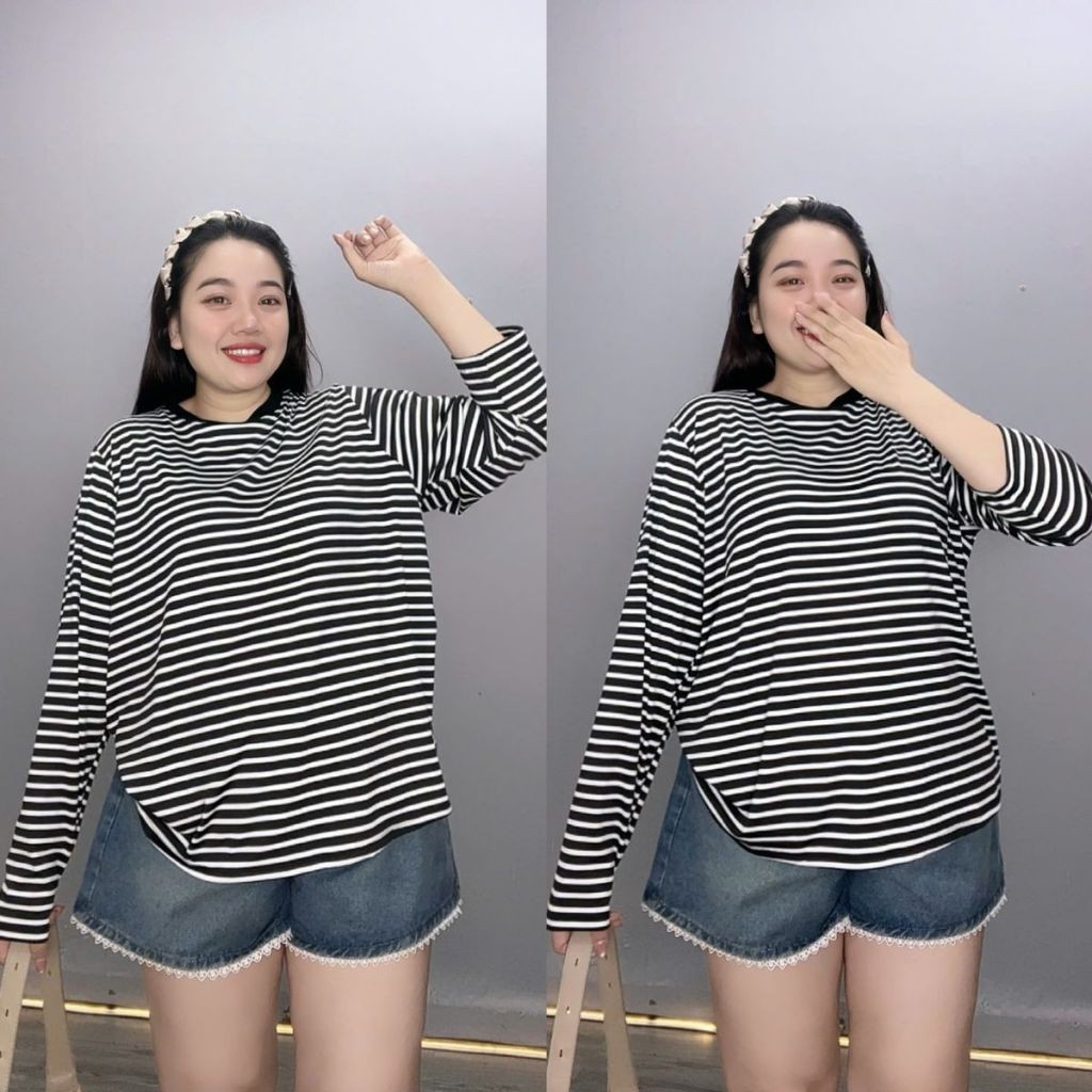 Áo thun Nữ Bigsize CÔ NHỎ Phom Rộng Dài Tay Cổ Tròn Kẻ Sọc Thun Cotton Co Giãn Nhẹ - A296
