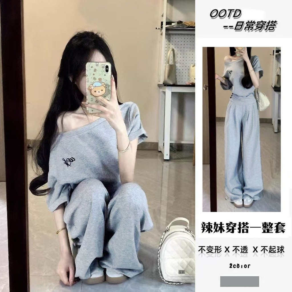 2025 Mới Phong Cách Hàn Quốc Màu Xám Thường Ngày Bộ Đồ Thể Thao Nữ Mùa Hè Ngắn Phong Cách Nẹp Slanted Vai Top Quần Ống Rộng Bộ Đồ Hai Mảnh