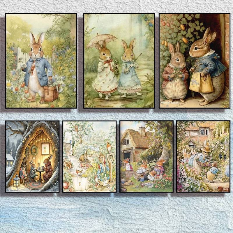 Peter Thỏ Whimsical Bunny Vintage Cảnh Canvas Tranh Nghệ Thuật Nhà Trang Trí Tường Canvas Poster