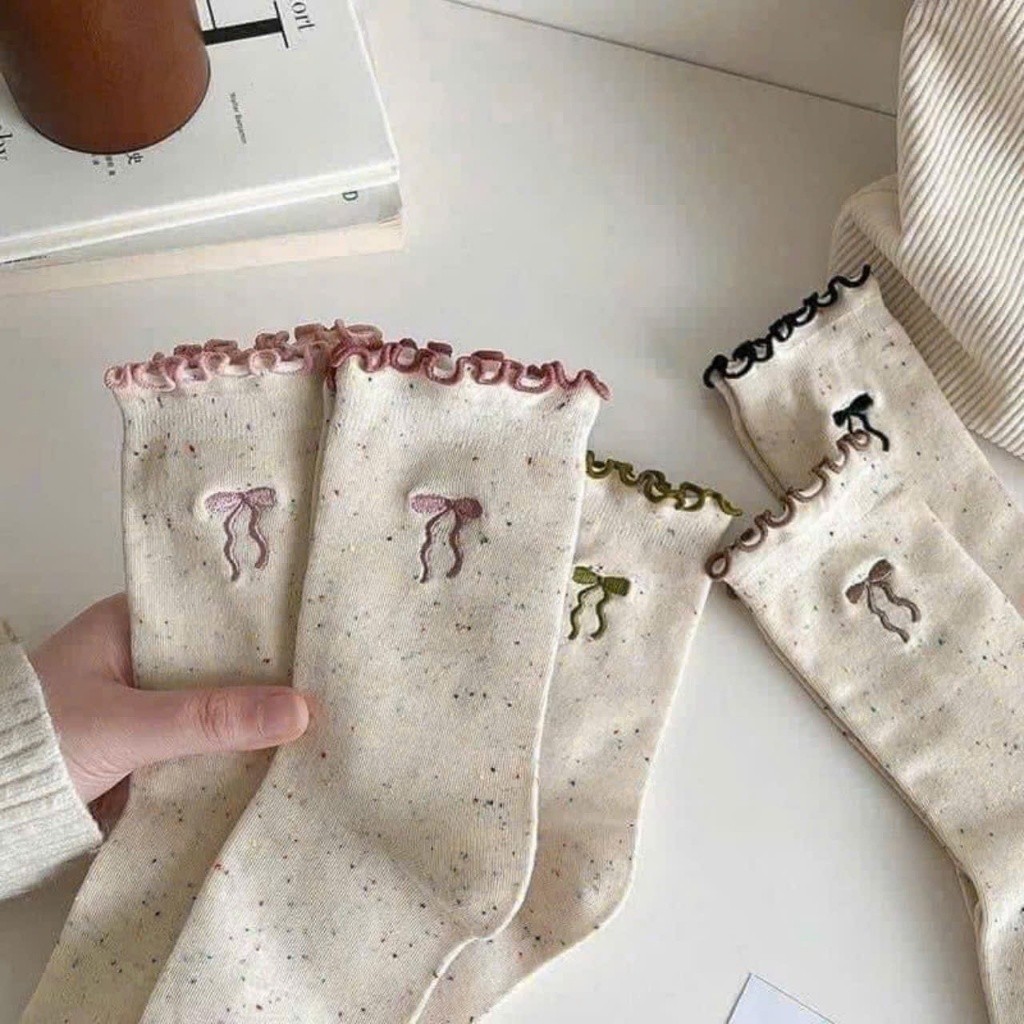 Sét 10 Đôi Tất Nữ Ren Nơ Chấm Sợi Tất Cotton Nguyên Chất Nhật Bản Dễ Thương