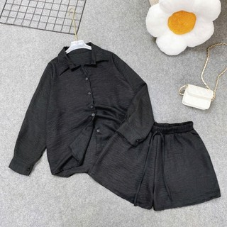 SET Sơ Mi Quần Đùi Bigsize Nữ Somi Tay Dài Kèm Quần Short Ngắn Vải Đũi Vân Mây Thoáng Mát SET861