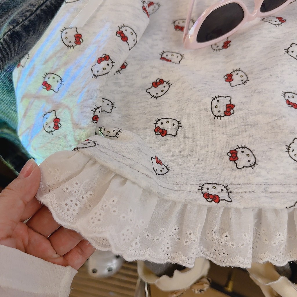 ​Bộ đồ hoạt hình cổ tròn hai mảnh in họa tiết KT cho bé gái Size 8O-150​ TLXE