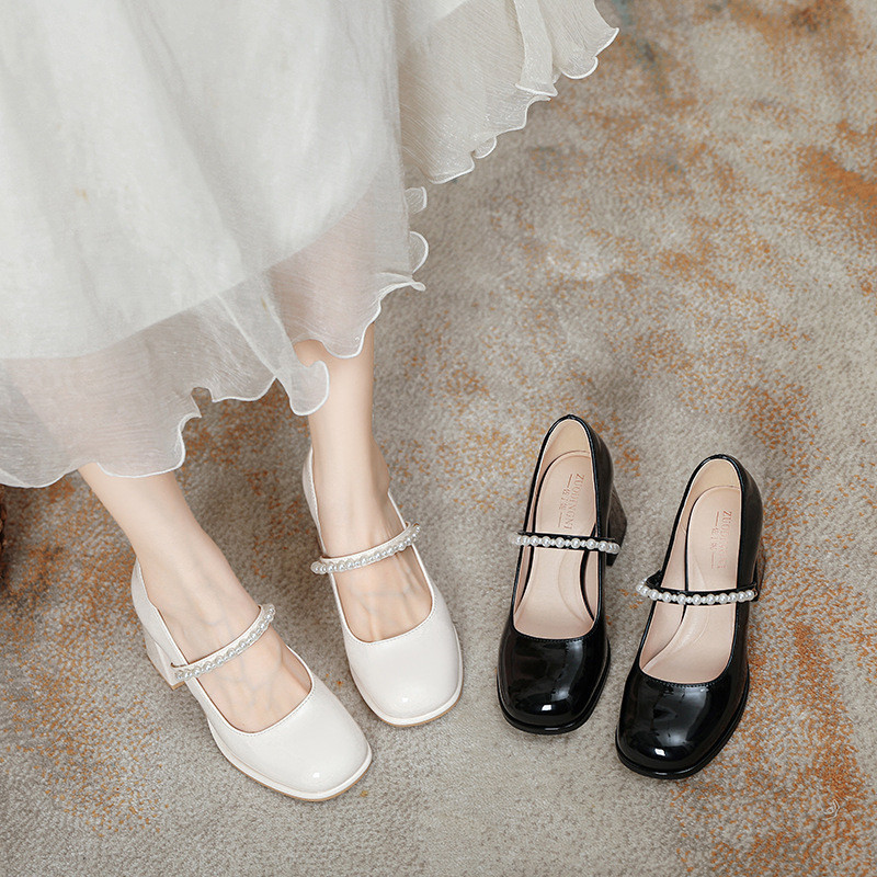 ((Size 34-45) Giày Mary Jane Pháp Size Nhỏ 34 Giày Đơn Nữ Gót Dày Ngọc Trai Kích Thước Lớn Béo Chân Rộng Giày Cao Gót Extra Fat Rộng Rộng Giày Nữ 45