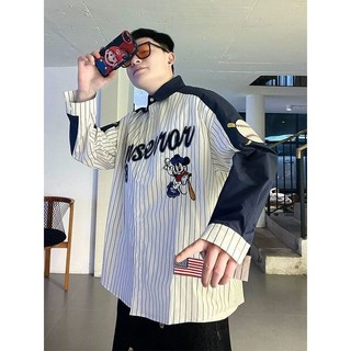 Áo sơ mi dài tay thêu khâu sọc họa tiết Mickey, phong cách preppy phù hợp chơi bóng chày