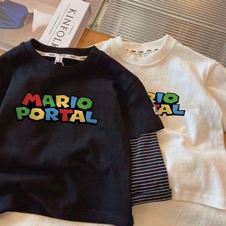 Mùa Xuân Thu Bé Trai Cotton Nguyên Chất Hoạt Hình Dài Tay Giả Áo Thun Hai Mảnh Áo Sơ Mi Bé Trai Thường Ngày Phong Cách Phương Tây Phù Hợp Với Đáy