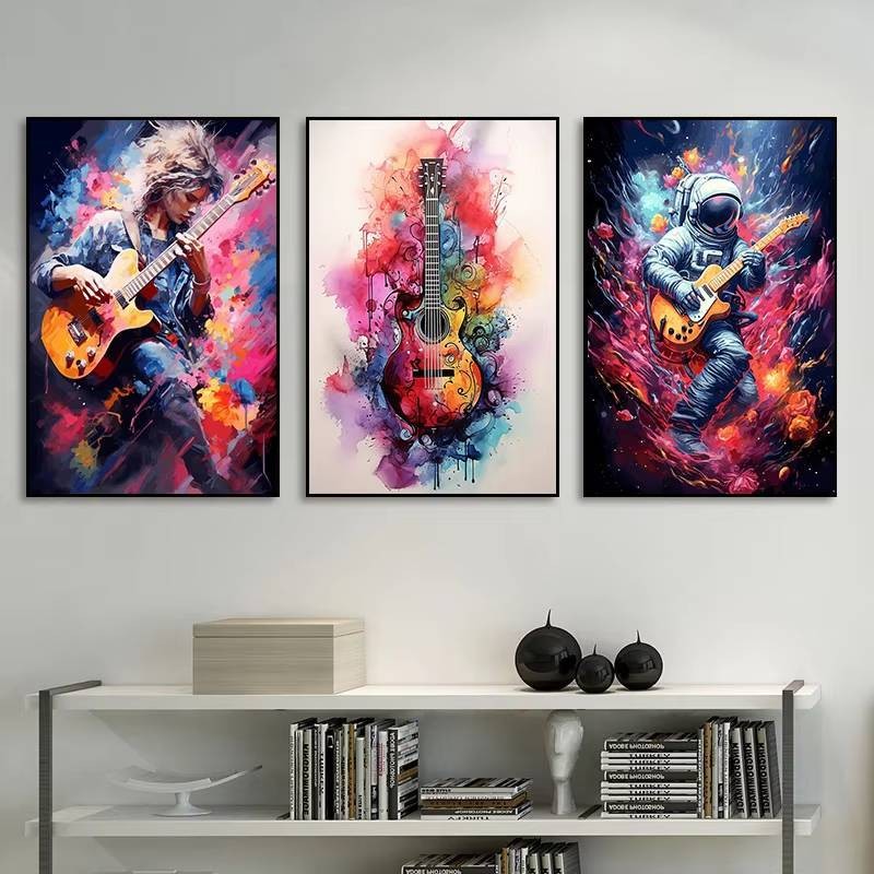 Trừu Tượng Nhiều Màu Sắc Nghệ Thuật Nhạc Cụ Trống Bộ Đàn guitar poster In canvas Tranh Tường Nhạc Nghệ Thuật Tranh Nhà Phòng Ngủ Trang Trí
